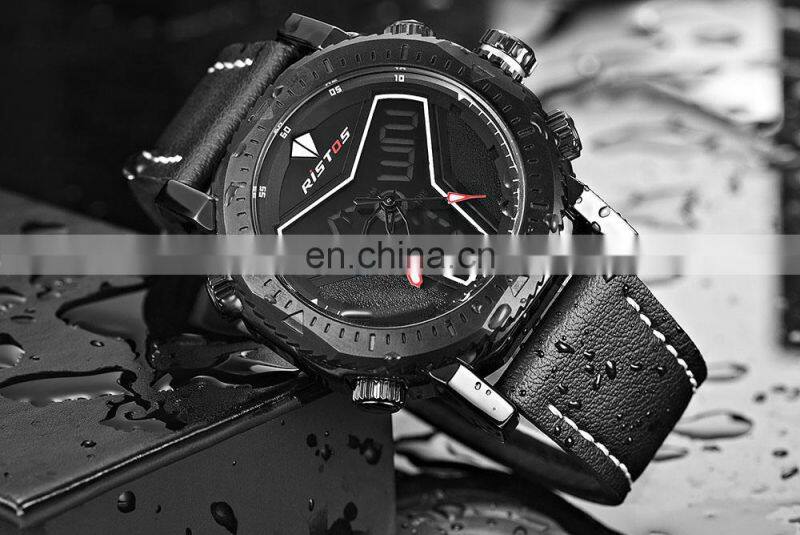 RISTOS 9341 Super Cool LCD Display Watch Leather Multifunction Backlight Men's Chronograph Watch