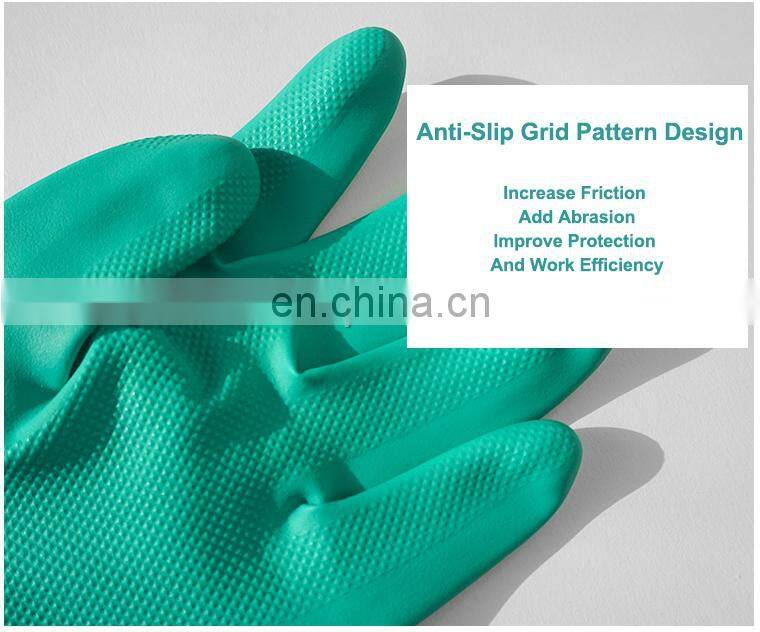 15 mil Custom Printed Heavy Long Cuff Green Flock Lined Nitrile Gloves Chemical Industrial Acid Alkali Resistant Gloves