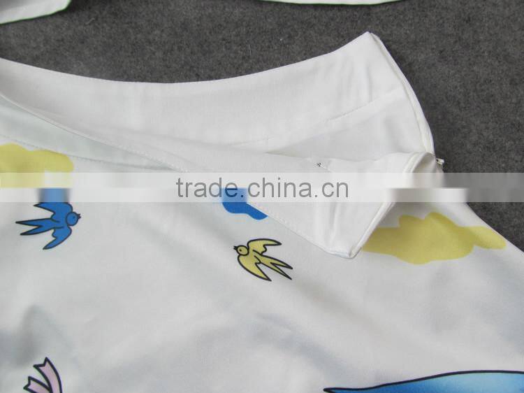 2014 Famous brand early autumn fashion style sleeveless swan printed women 2 pieces dress suits wholesale I17063