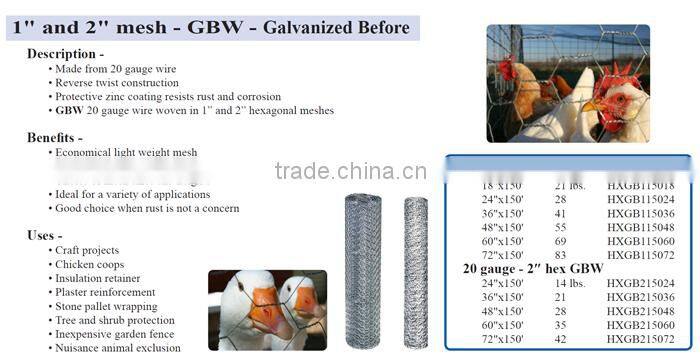 Hex netting 20 gauge 1" and 2" mesh GBW Galvanized Before