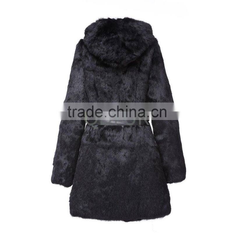 Lady Winter Long Genuine Natural Rabbit Coat with Hoodied D0021