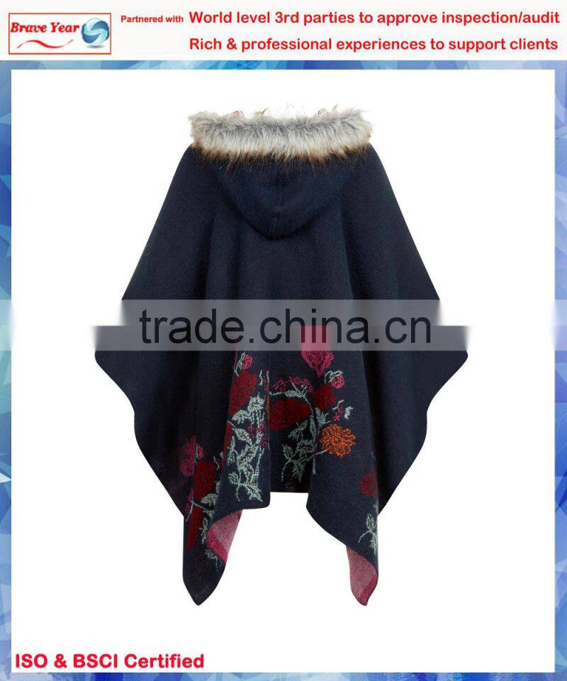 Rose jacquard peru poncho for lady, hooded poncho towel, wool poncho wholesale