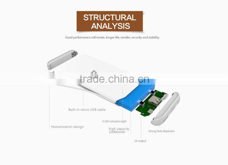 TRUSDA Universal Portable Built in cables mobile charger power bank 10000mAh for phones with Lithium polymer cell