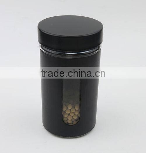 Black Colored Iron Covered Glass Storage Jar with Metal Screw Lid