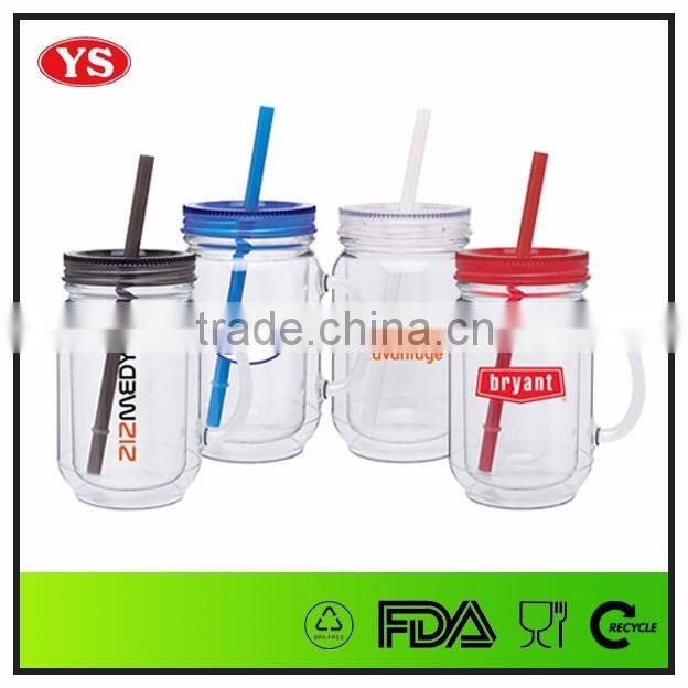 20oz plastic double wall mason jar drinking glass with handle & straw