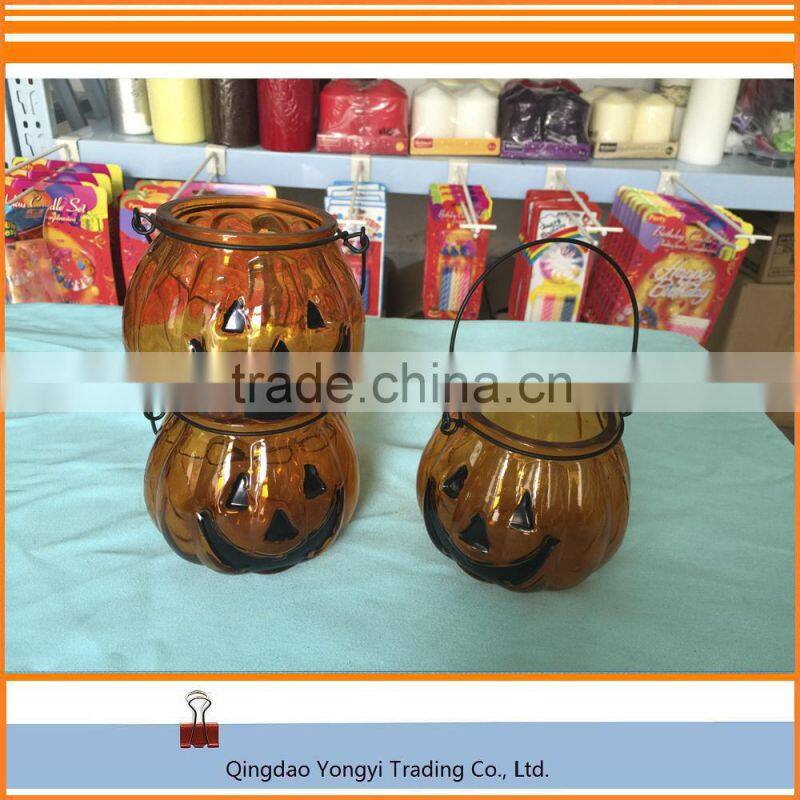Halloween Pumpkin Yellow Glass Jar Candle For Decoration