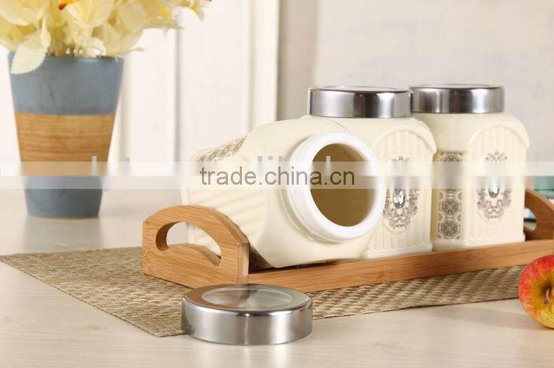 3pcs Ceramic canister set with wooden stand