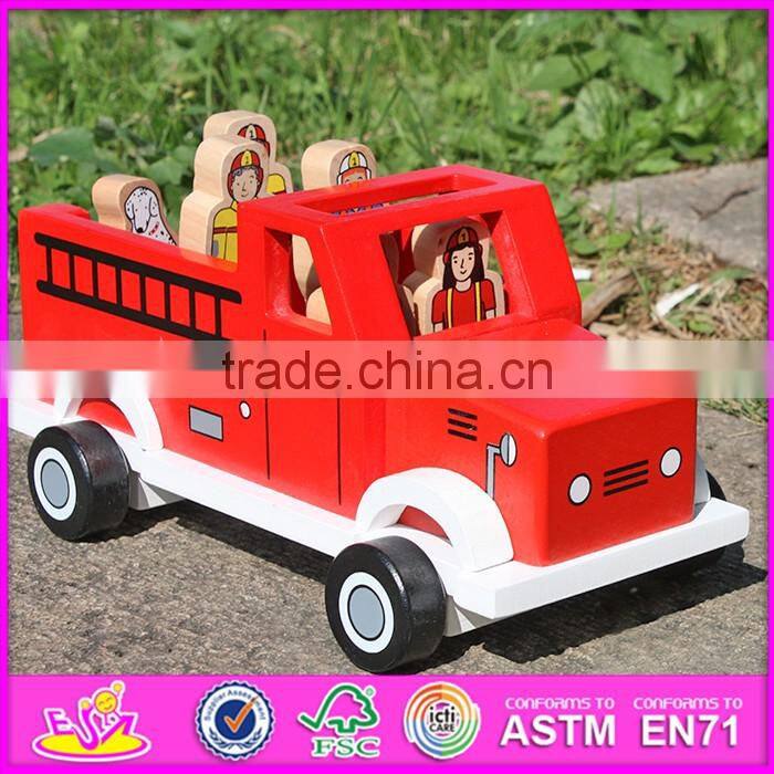 2017 New products dog and four firemen wooden toy fire trucks W04A315