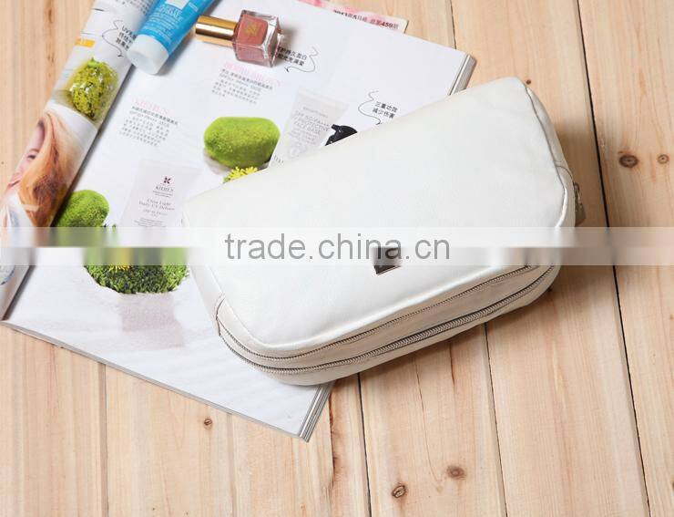 Elegant PU women handbags cosmetic purse white leather toiletry pouch with two large compartment