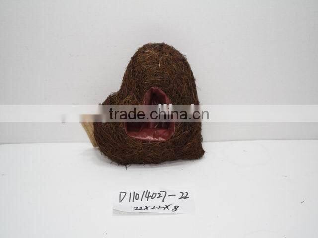 heart-shaped dark brown moss and sisal pot