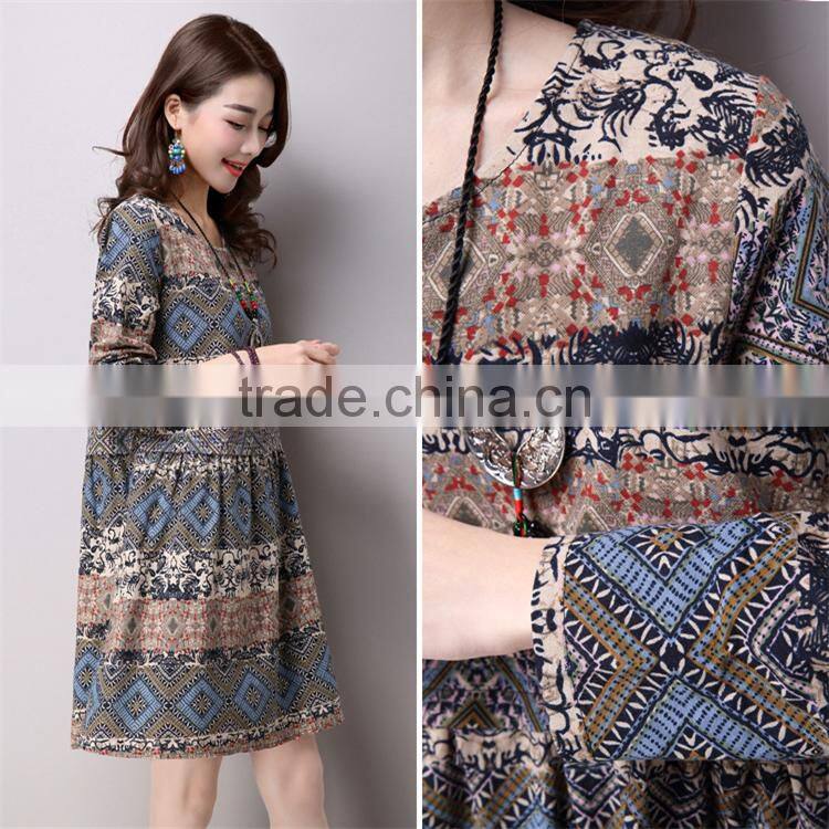 2017 new design Large size fashion ladies Retro national wind style ladies dress Cotton printed dress