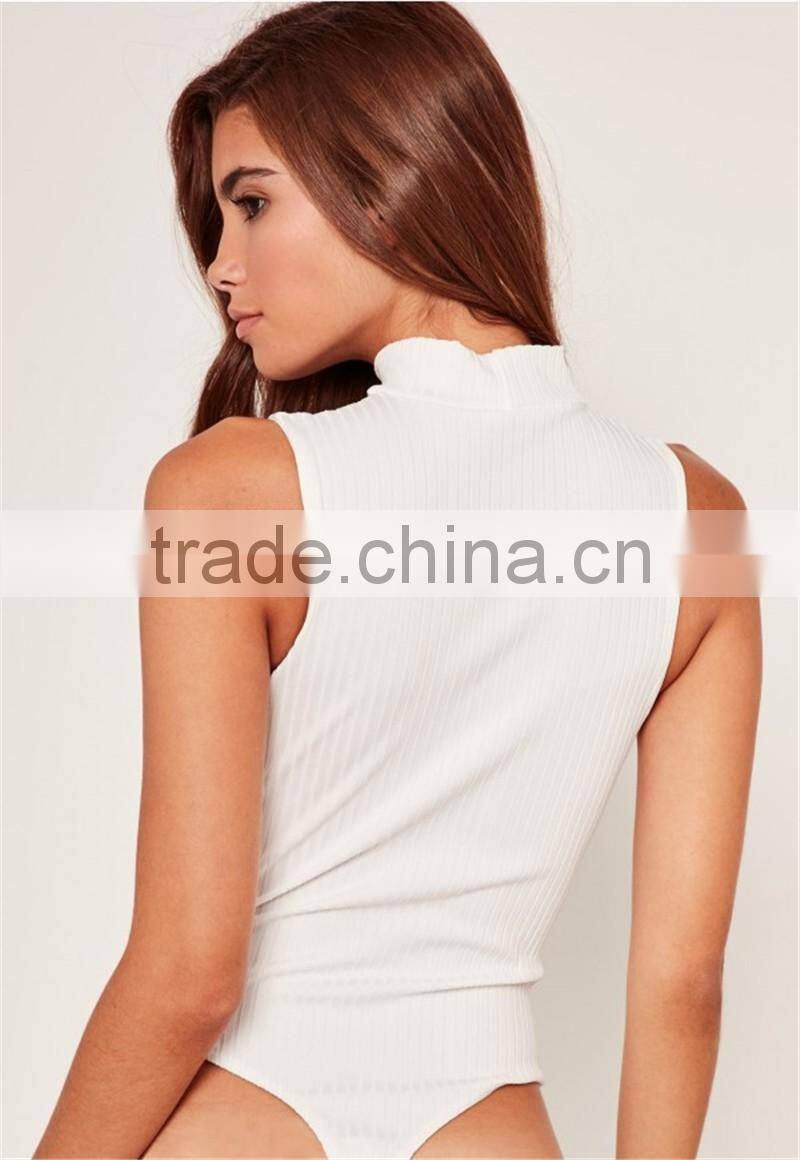 MGOO 2017 High Fashion White Ribbed Bodysuits For Women Sexy Chocker Neck Zip 95% Cotton 5% Spandex Tops