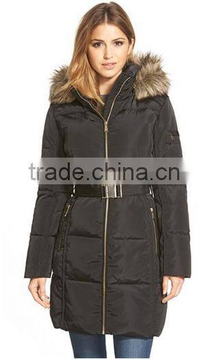Belt-cinched Waist Padding Quilting Womens Parka With Fur