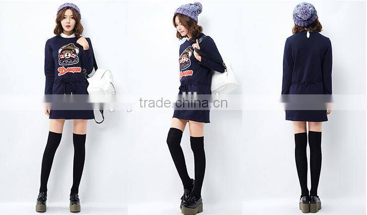 Female money navy blue collar waist line cultivate one's morality dress