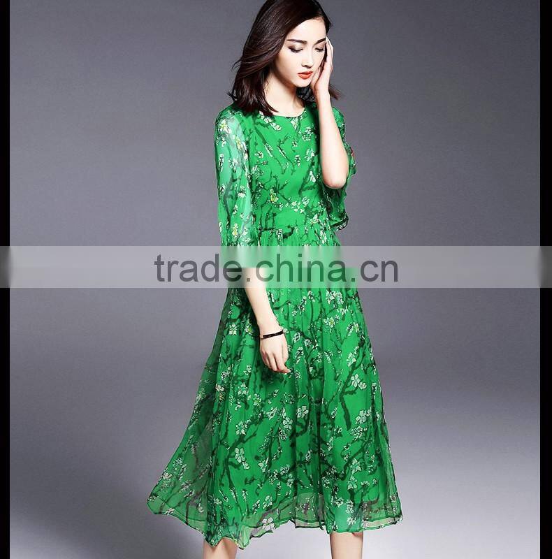 high quality real silk half sleeve round neck printed summer long dress latest dress designs