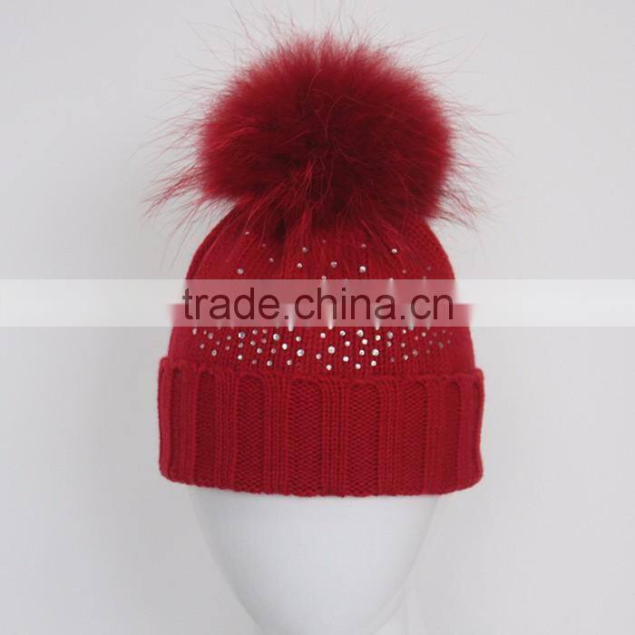 Myfur Elegant White Raccoon Fur Pom Poms Attached Wool Knitting Beanie Hat Wholesale