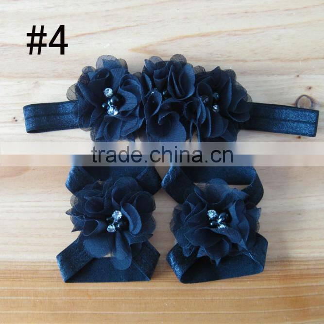 Hot 2014 fashion popular children's hand stitching Chiffon Rhinestone Flower Hair Band foot flower set and baby wrist flower