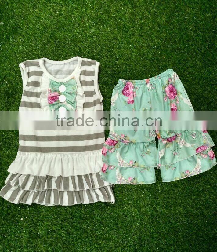 summer Girls Sets New Arrivals 2016 Little Girls Boutique Remake Clothing Set Girls cute stripes and greenshorts Ruffle Sets