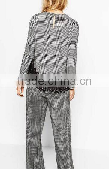 Runwaylover EY2378B Ladies 2017 Fashion Lace Splice Plaid Blouse