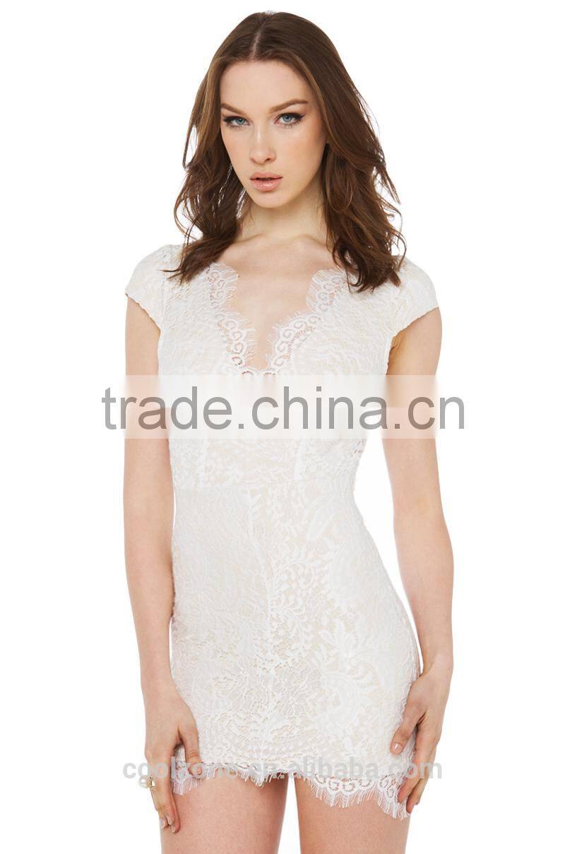 Sexy v neck cap sleeve cap lace dress for lady