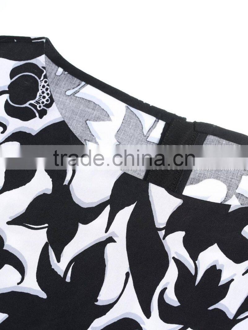 Womens cotton full printing loose back zipper-up shirt/blouse