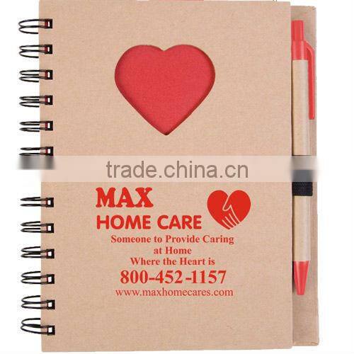 Spiral hard kraft paper cover recycle notebook with pen