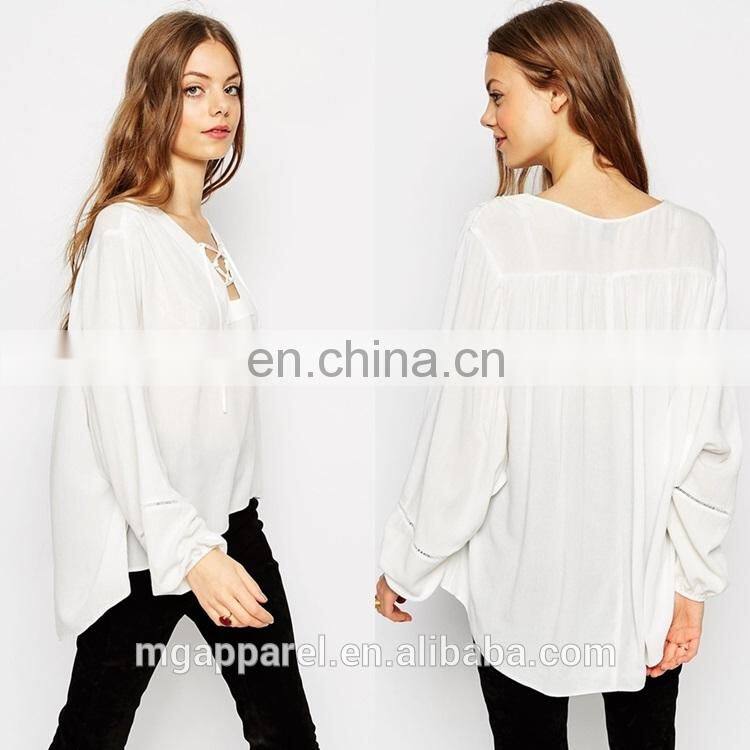 Wholesale Lace Up Folk fashion white long sleeve blouse for women