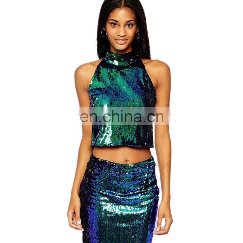 2015 Fahion dress luxury dazzle variable malachite green sequins neck hung all small vest hilum sleeveless female evening dress