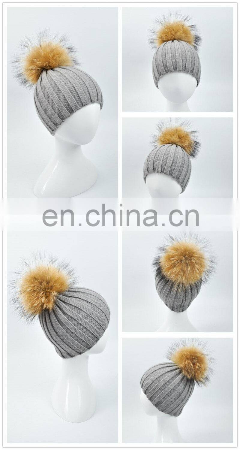 Wholesale New Fashion Hat with Raccoon Fur Ball Hand Knitted Baby Hat