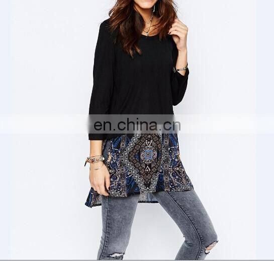 2016 Latest fashion woman blouse in twinset design with printed chiffon hem