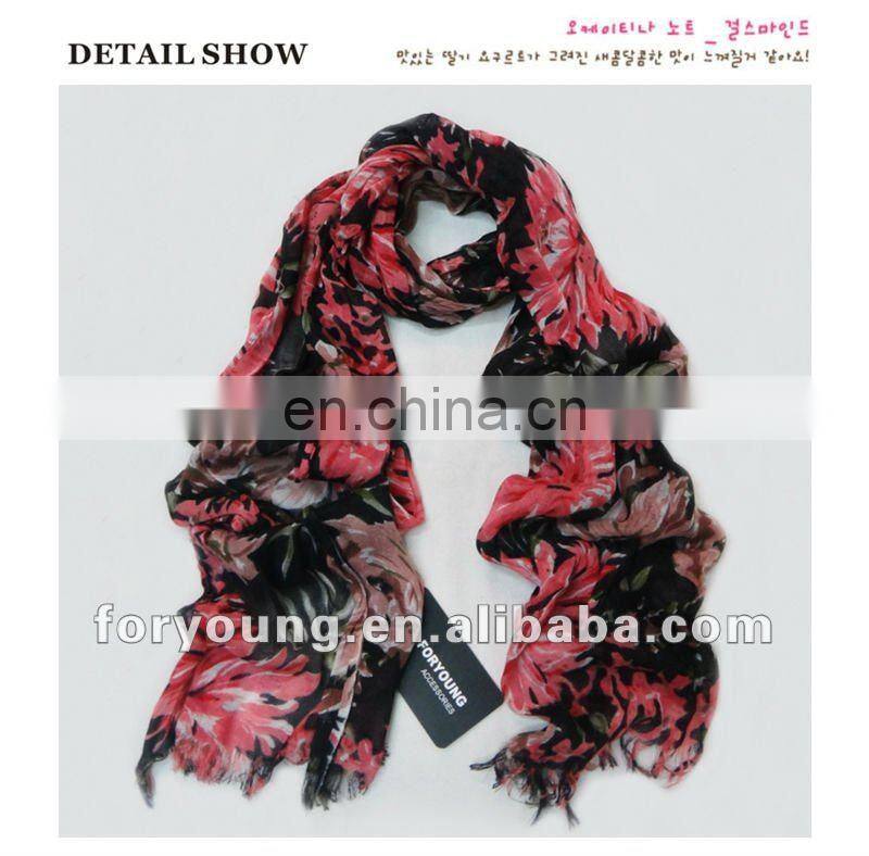 big flower print fabric 2012 viscose fringe scarf
