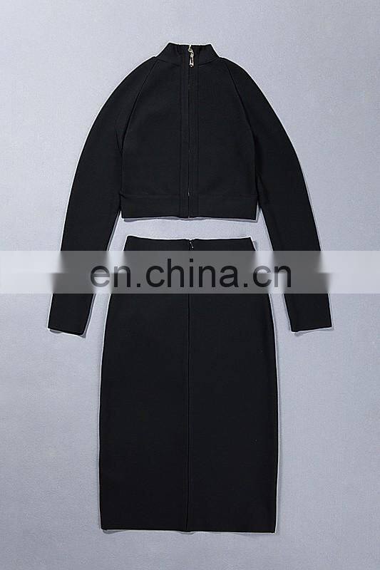 Amigo 2017 christmas party bandage dress 2pcs dresses with white long sleeve hollow out crop top and midi high vent skirt