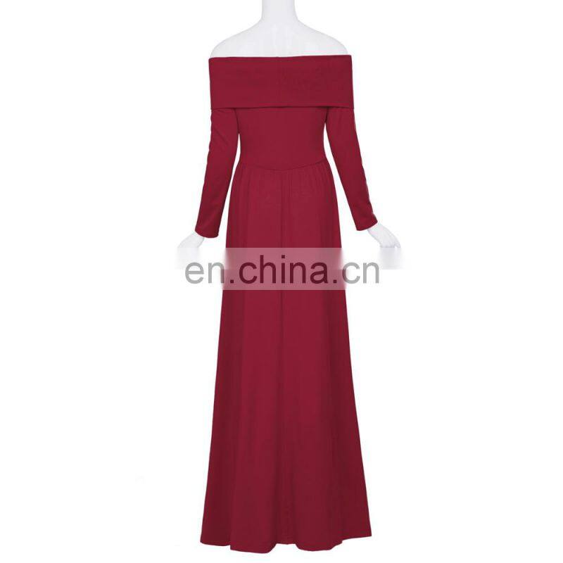 Kate Kasin Sexy Womens Maternity Long Sleeve Off Shoulder Long Maxi Dress Wine Red Maternity Dress KK000677-1