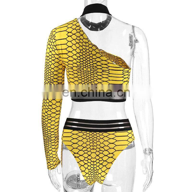 Long Sleeve Two Piece Swimsuit One Shoulder High Waist Bikini Women Push Up Swimwear Beachwear Swim Wear Snake Swimming Suit