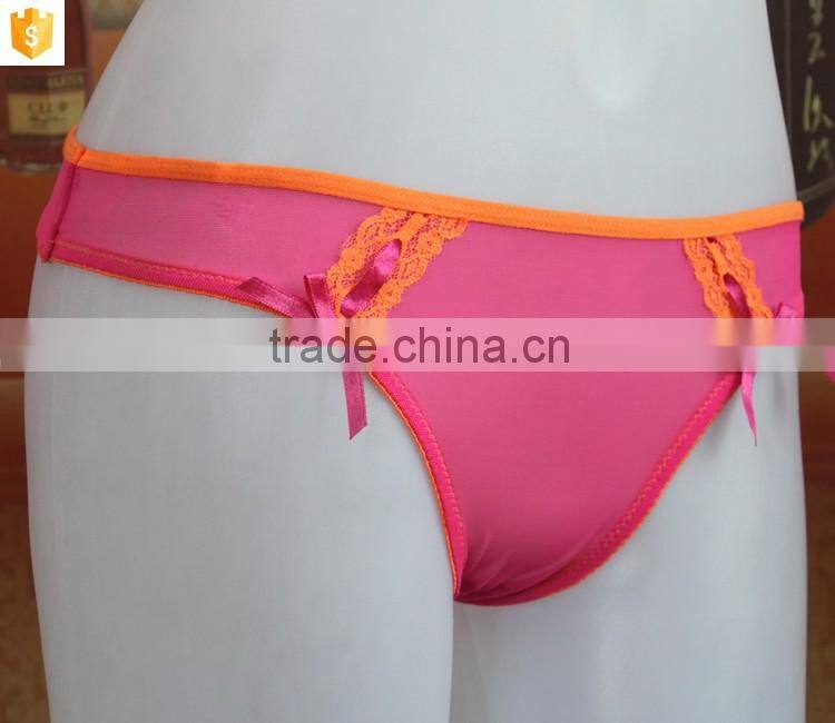 Satin bow sexy lace panty,pink women thong ubderwear