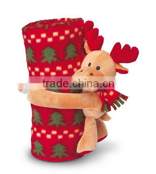Christmas blanket with gift deer toy for Christmas,Polar fleece Baby blanket with reindeer