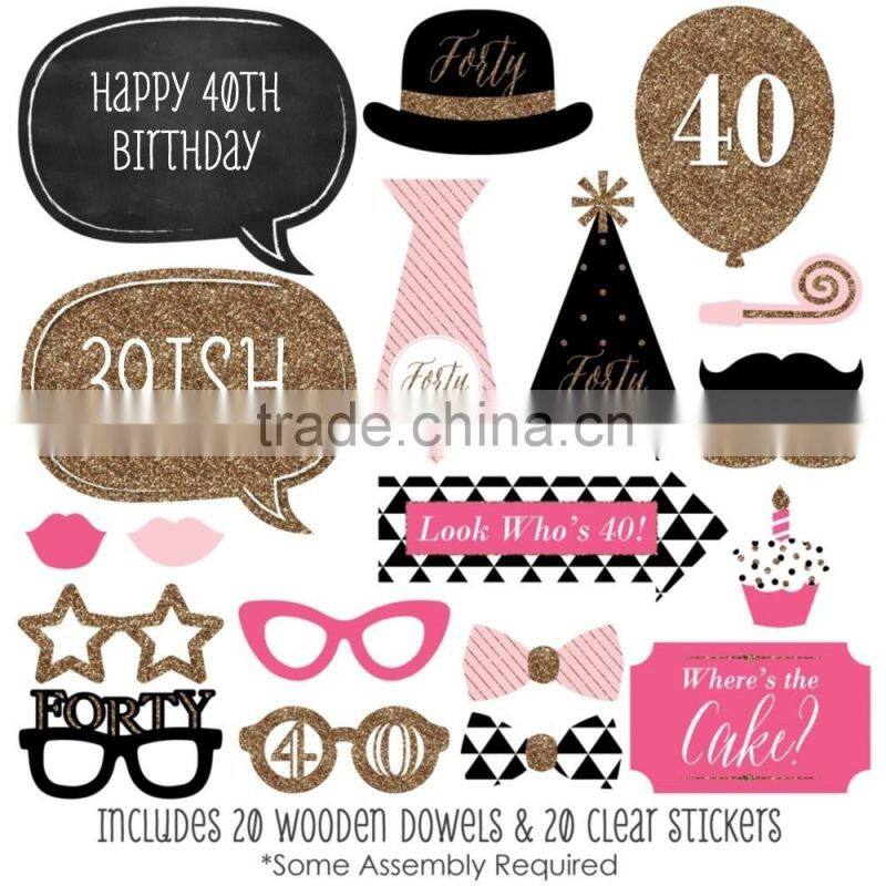 Chic Happy Birthday - Pink, Black and Gold - Birthday Photo Booth Props Kit - 20 Count