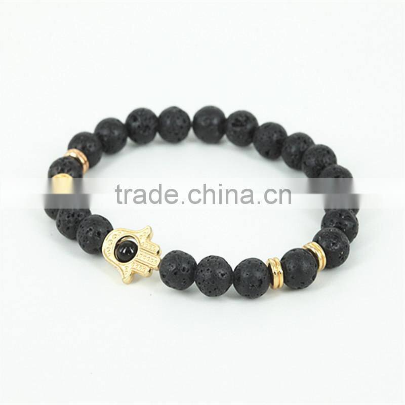 KJL-0100 New Design Black Natural Stone Lava Energy Beads Bracelet Black Agate Hamsa Bracelet For Uniex