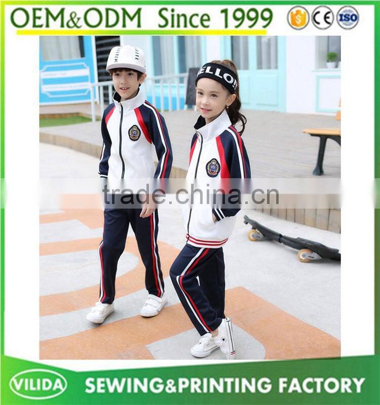 England style fashion winter primary school uniform high quality zipper red coat and bule trouser