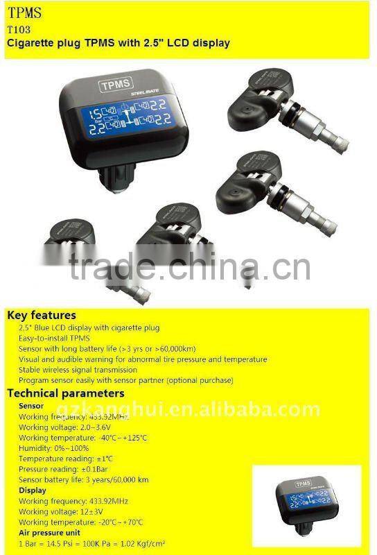 T-103 auto tire pressure monitoring system with long life tadrian battery for the sensors