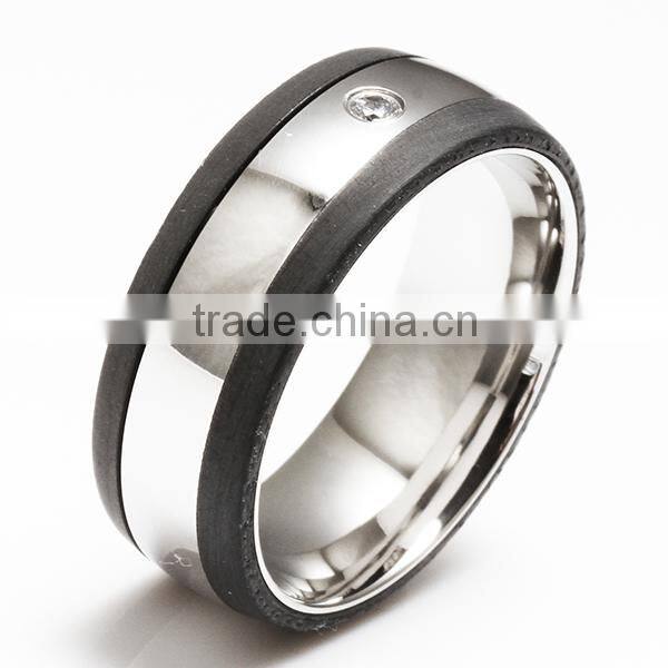 2 Stripe Black Carbon Fiber Inlay Ring with 1 Clear CZ (8mm) R2607P