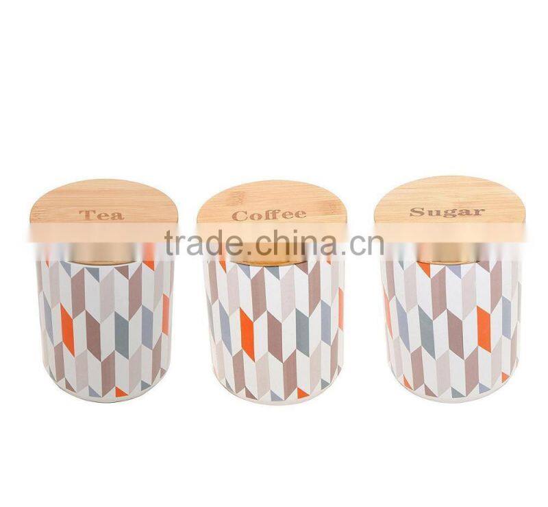 New customized pattern kitchen metal caddy tea sugar coffee canister jar with bamboo lid