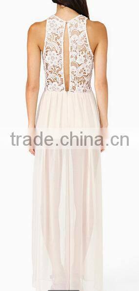 2014 new fashion white sexy see though Lace Jumpsuit with elegant long chiffon pants