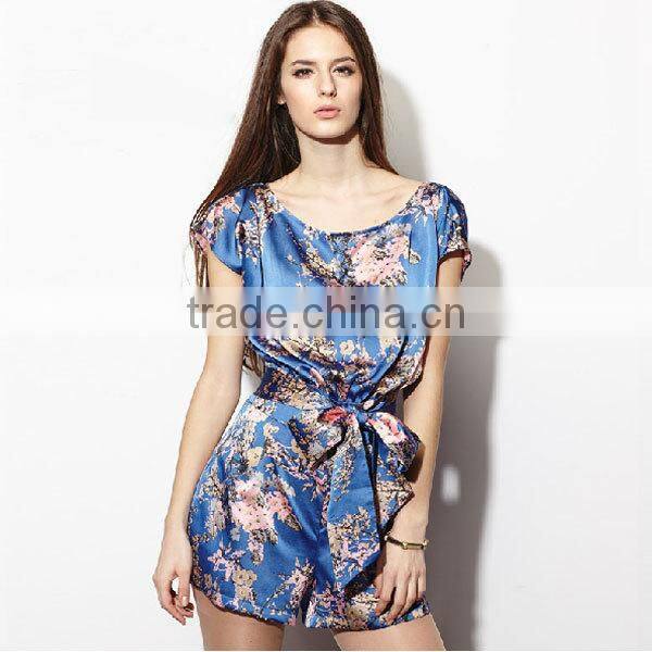 Latest design printing sash belted short jumpsuit in satin for women
