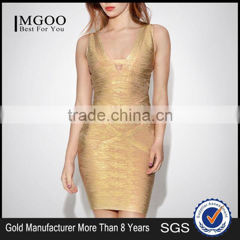 MGOO High Quality Wholesale OEM/ODM Gold Bandage Spandex Dress For Ladies Mini Bodycon Sheath Sexy Club Dress H838