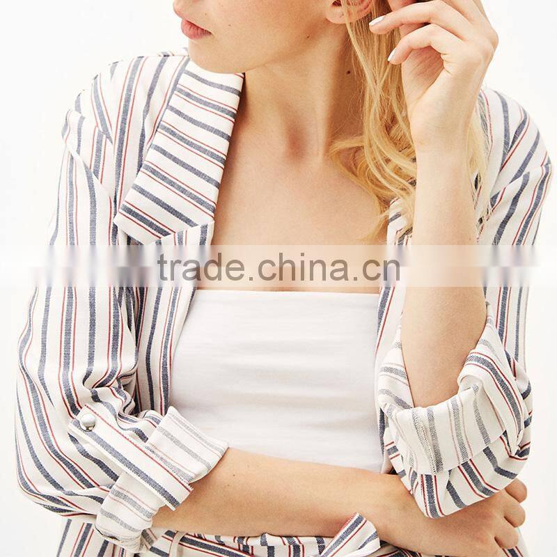 Long flowing jacket with rolled up sleeves striped blazer coat womens