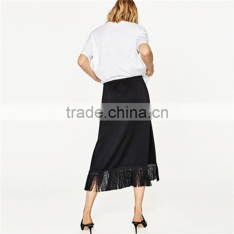 2017 OEM Spring Side Slit Fringed Hem Long Skirts for Girls