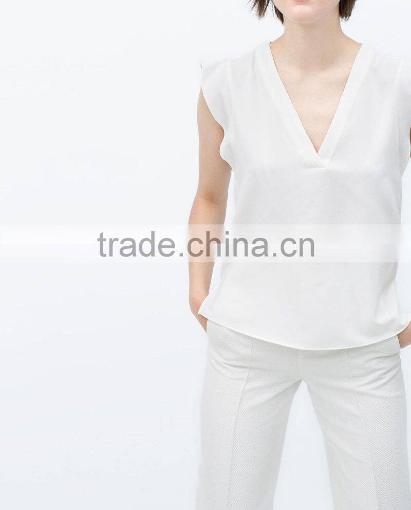 Fashion Ruffles Sleeves Women V Neck White Tank Tops Blank Chiffon Shirt