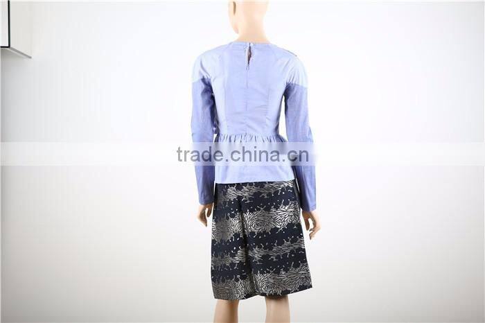 long sleeve blue women blouse patch work designs with bow in front