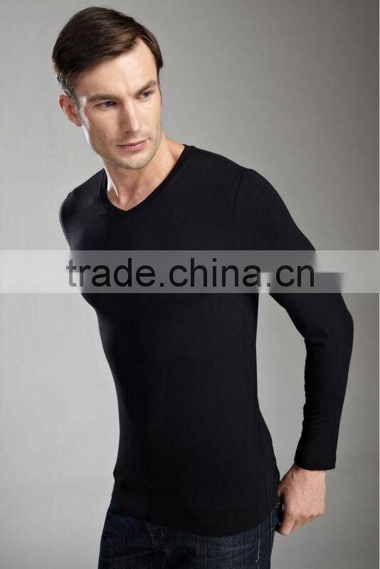 Plain slim fit black color bamboo long sleeves men t shirt / thin long sleeve t shirts T13326